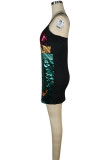 Green Sexy adult Fashion Spaghetti Strap Long Sleeves Slip Step Skirt Mini Patchwork Sequin Clu