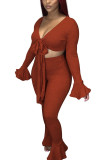 Red Casual Solid V Neck Long Sleeve Flare Sleeve Short Two Pieces