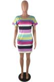 Multi-color Casual Fashion Cap Sleeve Short Sleeves O neck Straight Mini Striped Casual Dresses