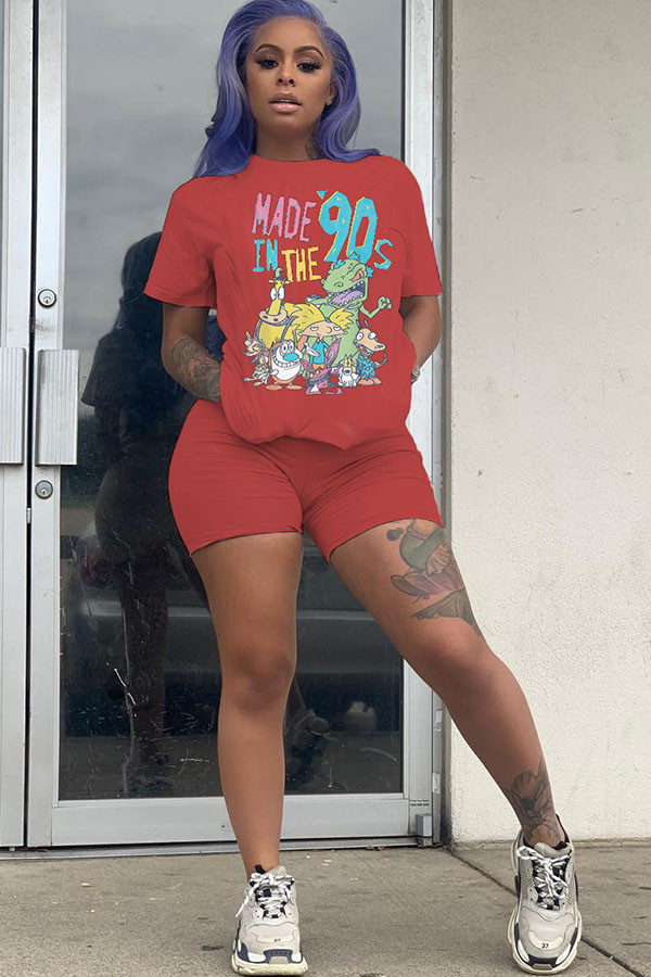 Red Fashion Casual Character Print Short Sleeve Two Pieces