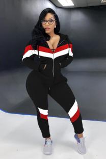 Black adult Fashion Active contrast color Patchwork Two Piece Suits Geometric pencil Long Sleeve