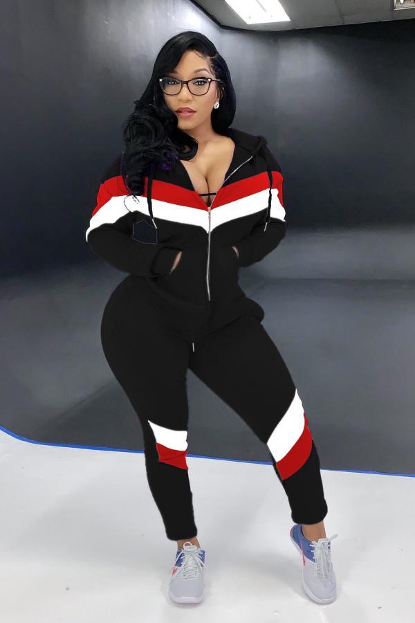 Black adult Fashion Active contrast color Patchwork Two Piece Suits Geometric pencil Long Sleeve