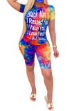 Blue Fashion Casual adult Ma'am Letter Print Two Piece Suits Straight Short Sleeve Two Pieces