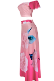 Pink Sexy Print Flounce Off the Shoulder Short Sleeve Two Pieces