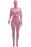 Pink Fashion Casual Adult Solid V Neck Long Sleeve Regular Sleeve Regular Two Pieces