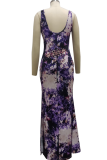Blue Sexy Print High Opening Spaghetti Strap Irregular Dress Dresses