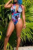 Blue Fashion Sexy Print Backless Swimwears