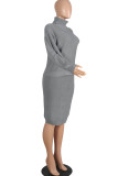 Grey Sexy Solid Two Piece Suits pencil Long Sleeve