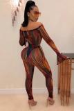 Blue Sexy Fashion adult Patchwork Two Piece Suits Striped Print pencil Long Sleeve