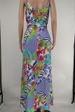 Colorful Blue Sexy Print Patchwork Spaghetti Strap Straight Dresses
