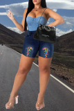 Baby Blue Casual Patchwork Draw String Mid Waist Skinny Denim Shorts