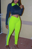 Fluorescent green England Solid Fluorescent Straight Long Sleeve Two Pieces