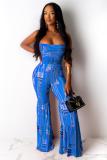 Blue Sexy Print Draped Sleeveless Wrapped 