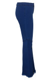 Dark Blue Denim Button Fly Sleeveless High Patchwork Solid Split Hole Boot Cut Pants Bottoms