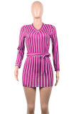 Yellow Fashion Long Sleeves O neck Hip skirt Mini Striped Long Sleeve Dresses