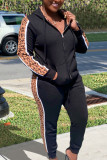 Black Casual England Leopard Patchwork Straight Long Sleeve Two Pieces