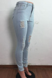 The cowboy blue Street Solid Ripped Make Old Mid Waist Skinny Denim Jeans