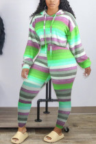 Green Casual Striped Print Patchwork Draw String Hooded Collar Long Sleeve Two Pieces