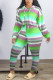 Green Casual Striped Print Patchwork Draw String Hooded Collar Long Sleeve Two Pieces