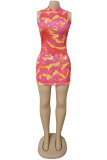 Red Fashion adult Lightly cooked Red Green Off The Shoulder Sleeveless O neck Step Skirt Mini Print Patchwork Tie and dye Dresses