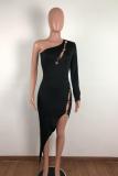 Navy Blue Sexy Fashion One Shoulder Long Sleeves one shoulder collar Asymmetrical Mini hollow out Pa