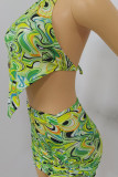 Green Sexy Print Patchwork Draw String Frenulum Backless Halter Sleeveless Two Pieces