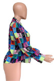 colour Chemical fiber blend Mandarin Collar Long Sleeve Plaid Print Tops