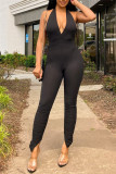 Black Sexy Casual Solid Backless Halter Skinny Jumpsuits