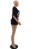 Black Casual Print Patchwork O Neck Mid Waist T-Shirts