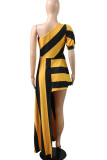 Red Street Striped Print Patchwork Asymmetrical Oblique Collar Irregular Dress Dresses