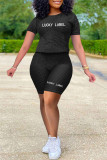 Grey Fashion Casual Letter Embroidered O Neck Short Sleeve Two Pieces