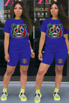 Blue Fashion Casual adult Patchwork Print Character Two Piece Suits Straight Short Sleeve Two Pieces