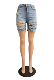 Baby Blue Sexy Solid Ripped Mid Waist Skinny Denim Shorts