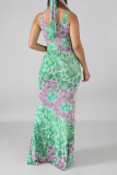 Blue Casual Print Patchwork Spaghetti Strap Trumpet Mermaid Dresses