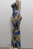 Blue Casual Print Patchwork Spaghetti Strap Trumpet Mermaid Dresses