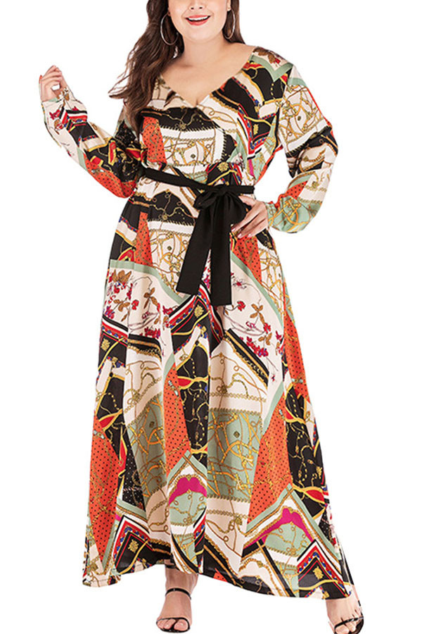 Multi-color Fashion adult Ma'am Street V Neck Print Pattern Plus Size