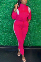 rose red Casual Solid Patchwork Zipper Collar Long Sleeve Two Pieces
