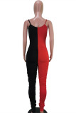 Yellow Red Fashion Sexy Letter Print Patchwork Backless Fold O Neck Skinny Jumpsuits