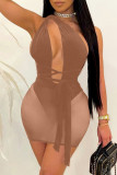 Black Fashion Sexy Patchwork Bandage Hollowed Out Backless One Shoulder Sleeveless Dress