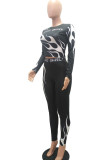 rose red Fashion Casual Adult Milk Fiber Print Patchwork O Neck Long Sleeve Regular Sleeve Short Two Pieces