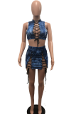 Blue Sexy Print Patchwork Mandarin Collar Sleeveless Two Pieces