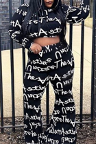 Black Street Print Letter O Neck Plus Size 