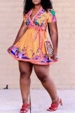 Orange Fashion Casual Print With Belt V Neck Short Sleeve Dress