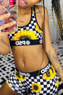Yellow Fashion adult OL Patchwork Print Two Piece Suits Straight Sleeveless Two Pieces