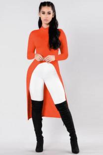 Orange O Neck Long Sleeve Split Solid