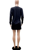Blue Casual Print O Neck Long Sleeve Mini Pencil Skirt Dresses