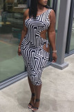 Black Fashion Sexy Print Hollowed Out One Shoulder Sleeveless Dress