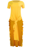 Yellow Fashion Casual Solid Slit O Neck Tops