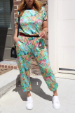 Green Casual Print Patchwork O Neck Short Sleeve Two Pieces
