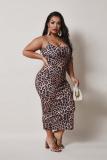 Brown Fashion Sexy adult Slip Leopard Patchwork Print Stitching Plus Size